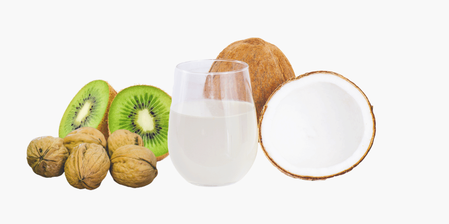 Kiwi nuts coconut and a glass of milk